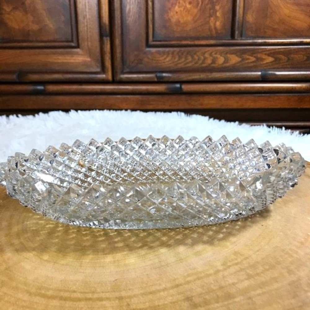 Vintage Cut Crystal Oval Peaked Edge Multi Facet Starburst Dish